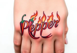 Chili pepper and fire lettering says Pepper Boy tattoo idea