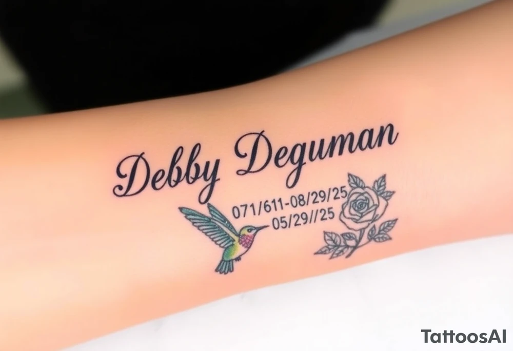 Tattoo of the name Debby Deguzman in chunky bold curly cursive with the exact dates of 08/17/61-05/29/25 surrounded by a hummingbird and a rose tattoo idea