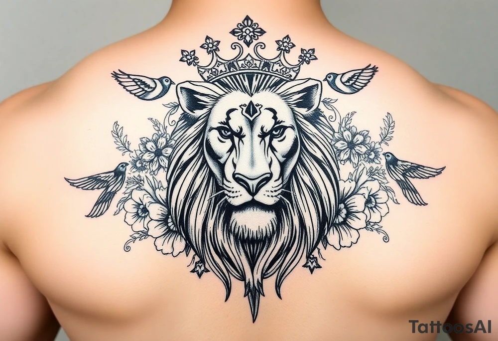 powerful majestic lion with a crown, surrounded by floral ornaments and birds tattoo idea