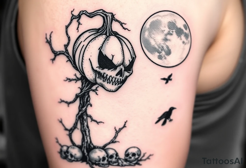 powerful realistic pumpkin head sentinel with vine and stick body, surrounded by fog, faded moon in the upper right background with ravens and skulls at the base tattoo idea
