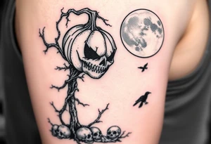 powerful realistic pumpkin head sentinel with vine and stick body, surrounded by fog, faded moon in the upper right background with ravens and skulls at the base tattoo idea