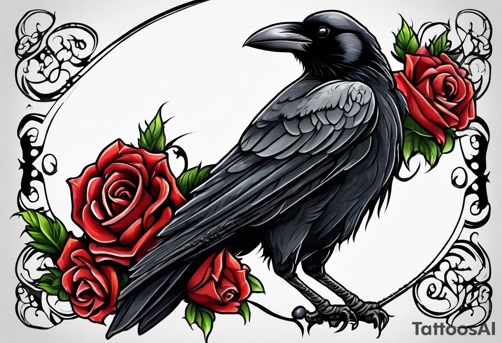 Crow standing holding a red rose tattoo idea