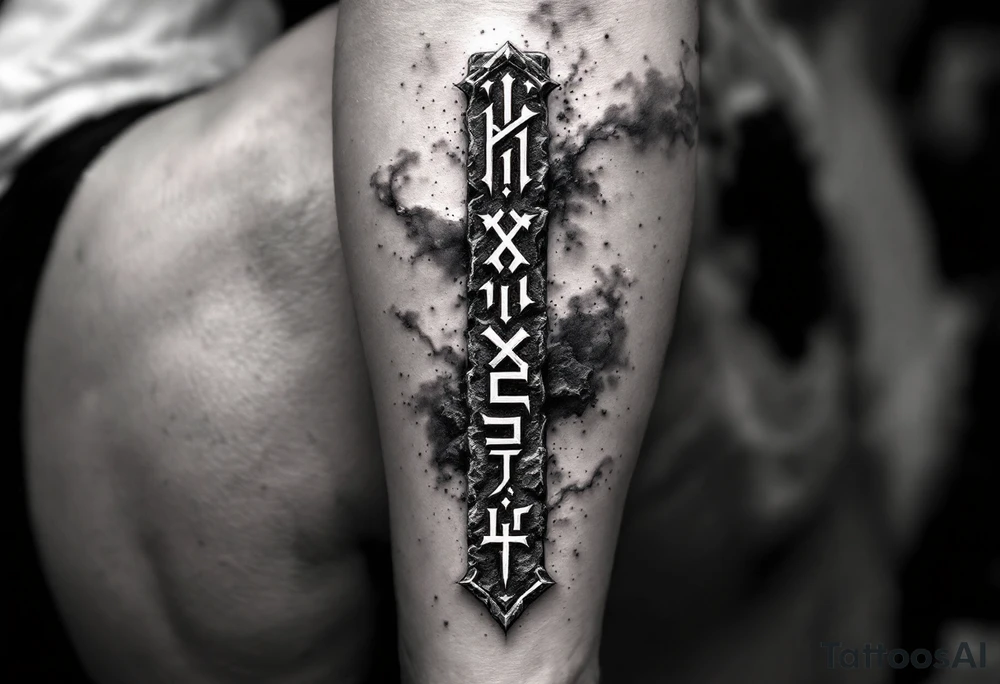 A forearm tattoo featuring a vertical line of deep crimson Slavic runes, each carved with rough stone-like texture and glowing faintly, set against a black and smoky-gray background with subtle ash particles floating around. tattoo idea
