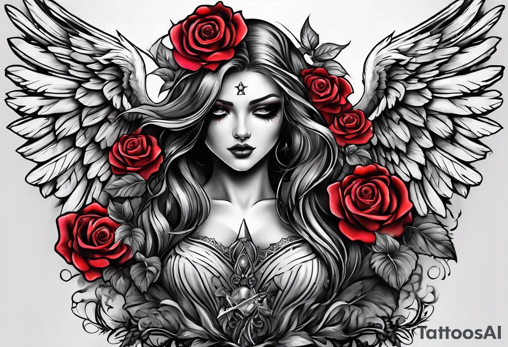 Angel of death with colored roses tattoo idea