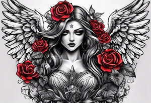 Angel of death with colored roses tattoo idea