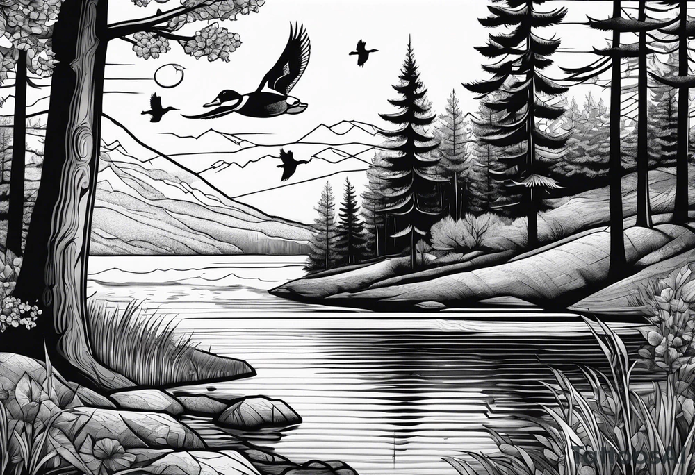 Wooded area with lake, mallards flying, and a model t tattoo idea