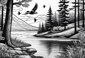 Wooded area with lake, mallards flying, and a model t tattoo idea