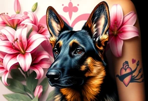 realistic german shepherd with alert ears looking protective surrounded by pink lilies with large leaves in front of a sacred heart tattoo idea