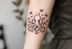 cute small octopus, surrounded by butterflies and oceanic items, brown ink tattoo idea