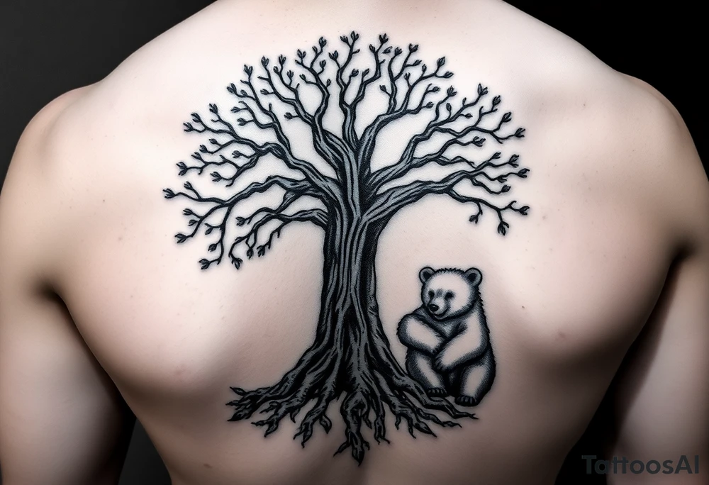 Tree of life with root detail and a mother bear with her cub tattoo idea