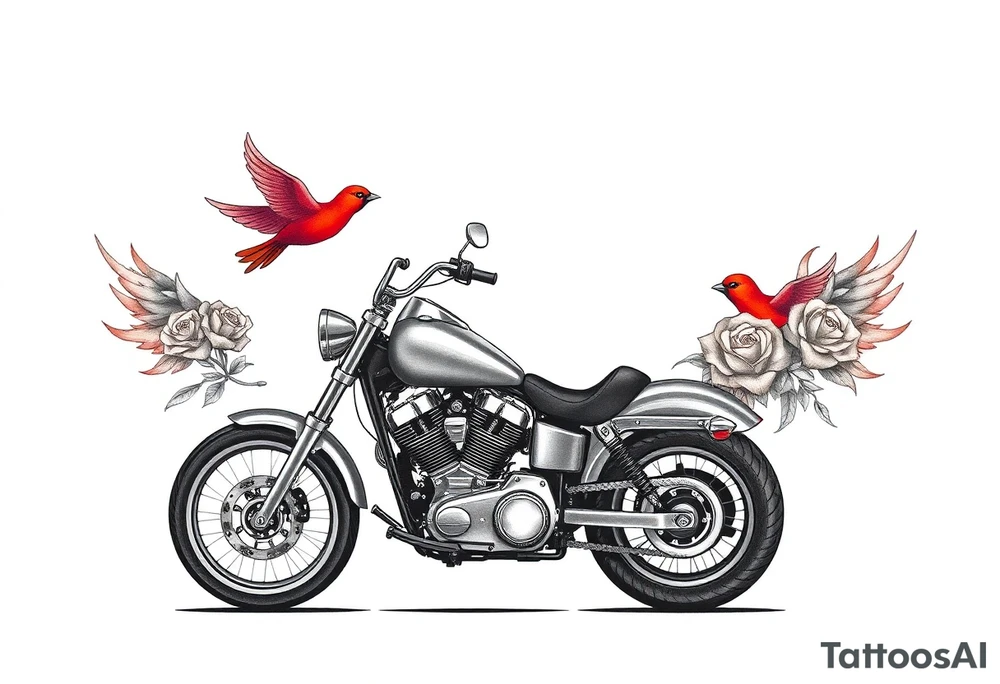 Harley grey motorcycle driving away, two red birds flying, roses, flames, angel wings tattoo idea