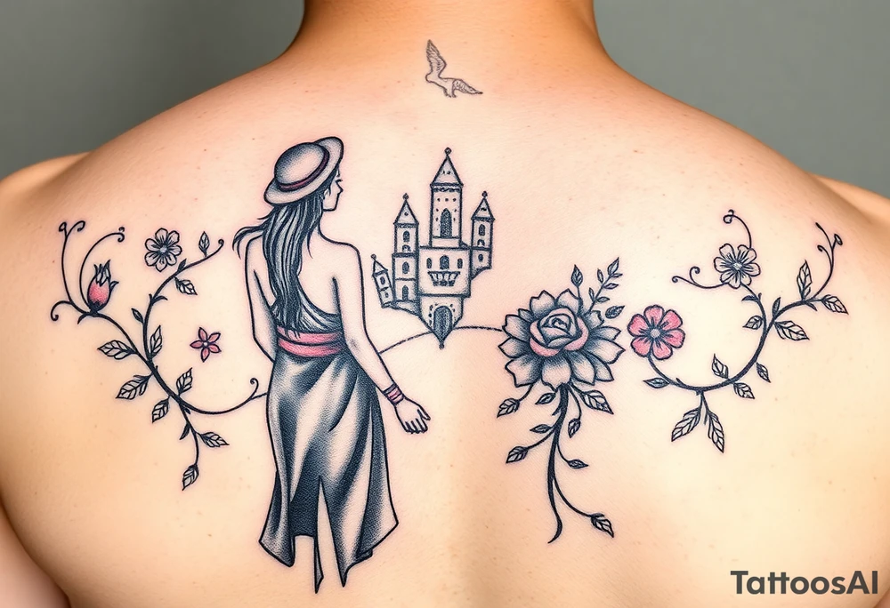 Two people setting out on a powerful new life journey to San Miguel de Allende, Mexico. Include colorful and delicate vines, ornaments, and floral accents. Please do not include images of people and the design should be abstract and colorful tattoo idea