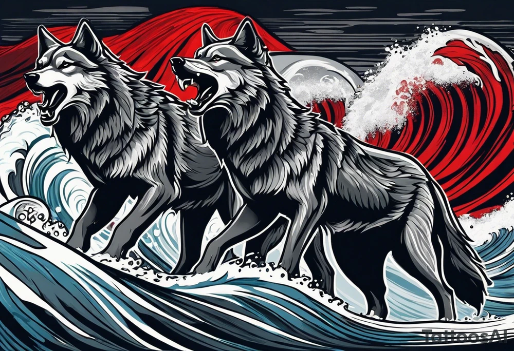 a pack of 3 howling muscular  gray wolves surfing waves with a linear background with red, white and black and gray including the word Howler in an aggressive script font tattoo idea
