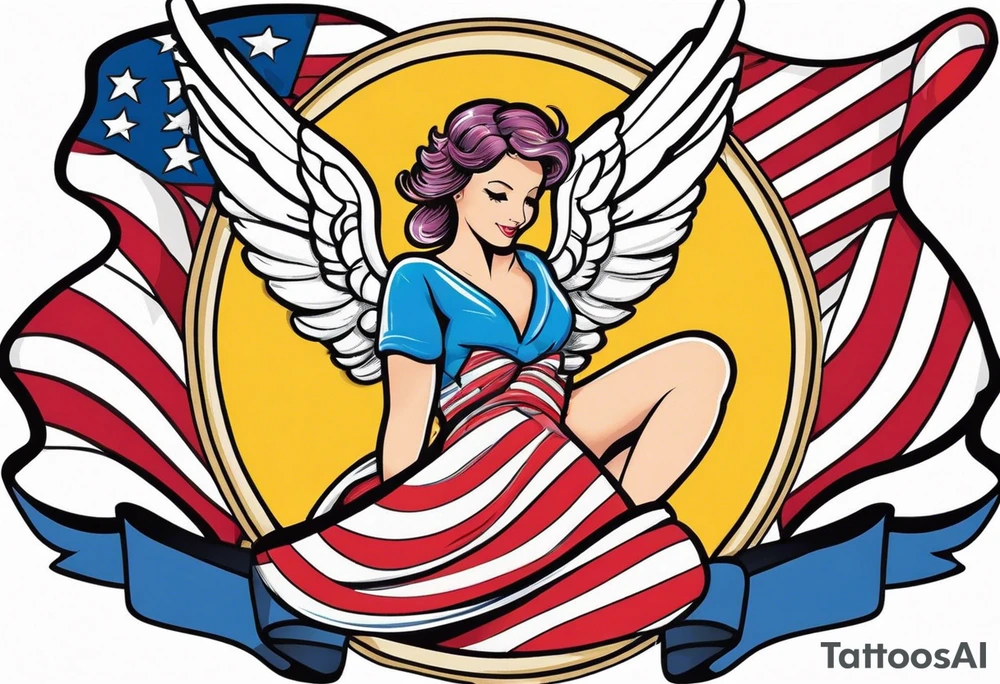 Colon cancer ribbon with a angel and a American flag tattoo idea
