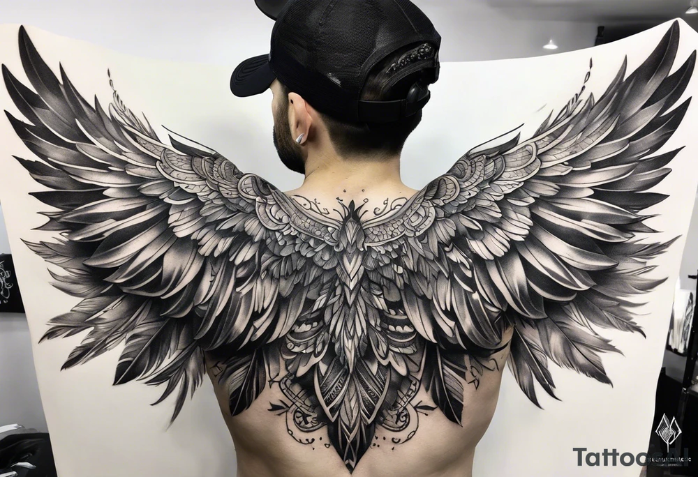 wings tattoo extending from a mens shoulders, covering the upper arms and upper back. The feathers are intricately detailed, with soft shading in black and gray to create depth and texture. tattoo idea