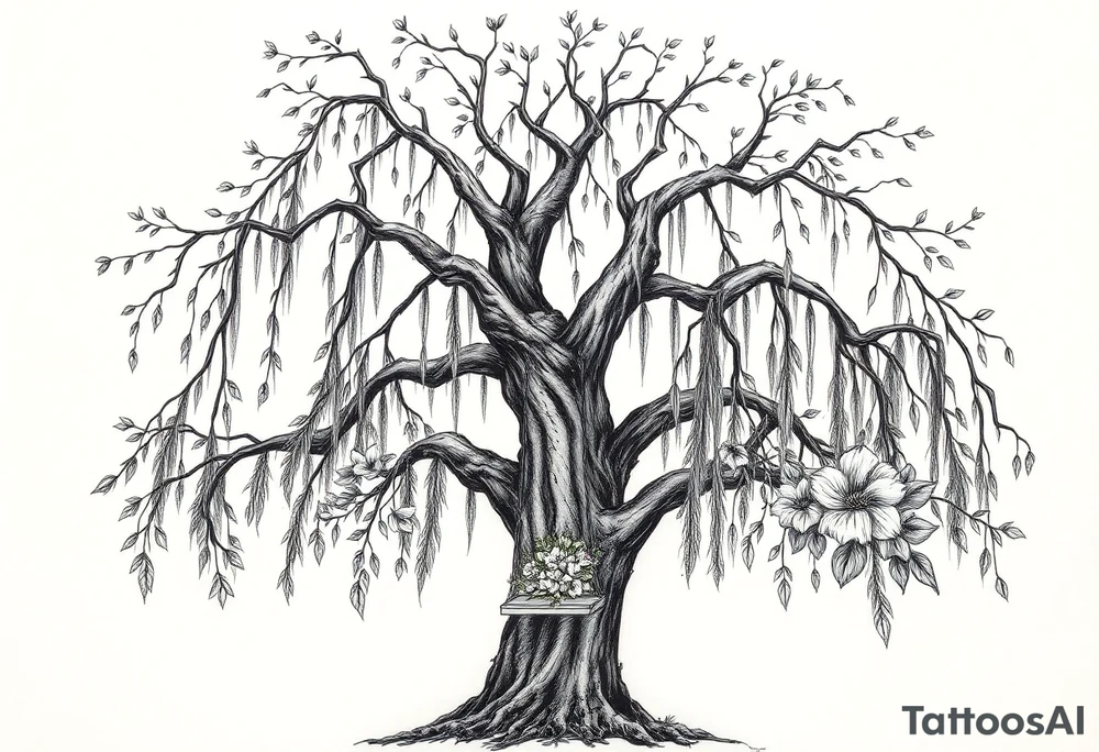 Willow tree with 7 branches with a swing hanging from one with florals tattoo idea