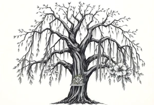 Willow tree with 7 branches with a swing hanging from one with florals tattoo idea