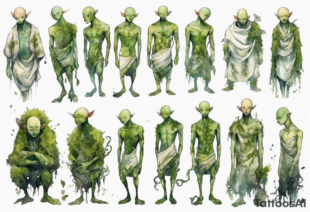a thin bald humanoid creature covered in moss with white eyes tattoo idea