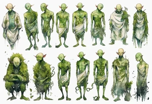 a thin bald humanoid creature covered in moss with white eyes tattoo idea