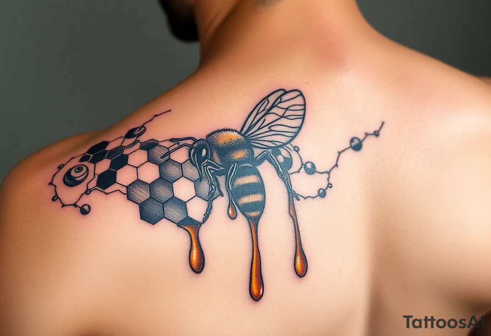 steampunk design of honeycomb with bee and dripping honey on the upper arm and shoulder tattoo idea