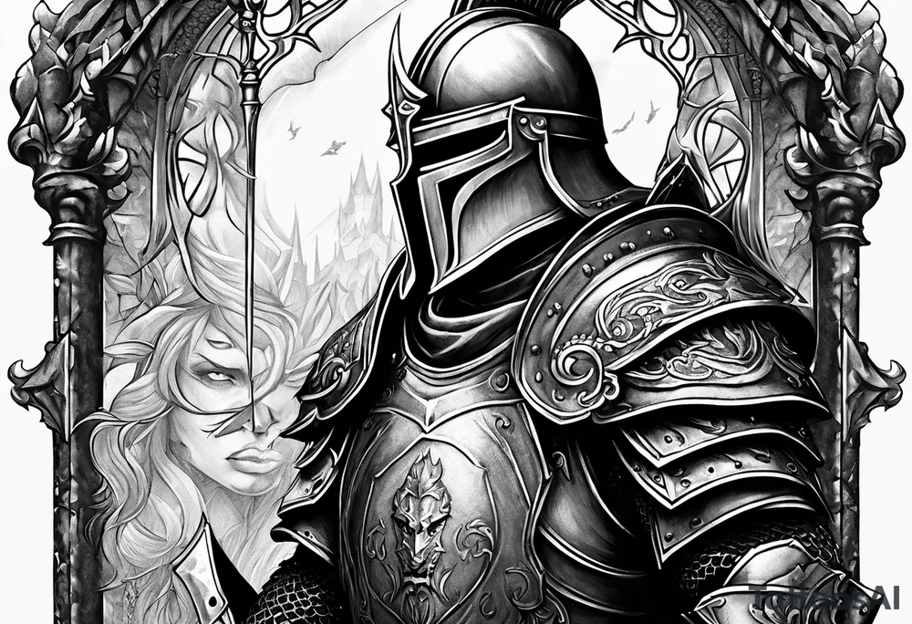 dark fantasy style knight in armor savage warrior, inner bicep tattoo design tattoo idea