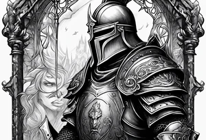 dark fantasy style knight in armor savage warrior, inner bicep tattoo design tattoo idea