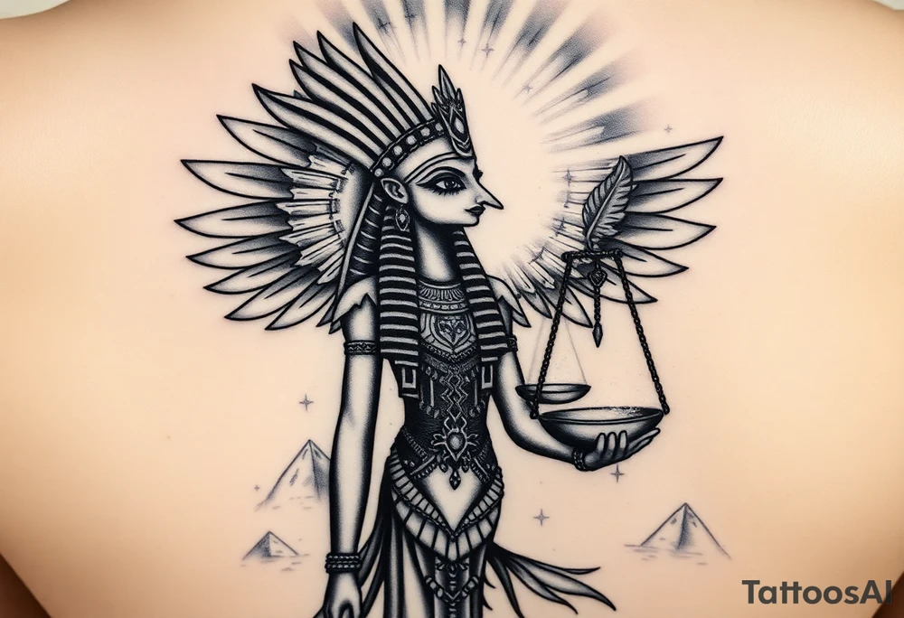 “Super realistic black and grey tattoo of the Egyptian goddess Ma’at, depicted as a regal woman with an ostrich feather headdress, intense glowing eyes, and intricate ancient Egyptian jewelry. She stands or floats amidst swirling cosmic energy and beams of light, with subtle hieroglyphics and pyramids in the background. Incorporate the Scales of Justice—one side holding a heart, the other Ma’at’s feather—glowing with ethereal energy. Emphasize dramatic lighting, deep shadows, and surreal, mystical atmosphere to match a sleeve with Anubis and cosmic motifs. Design should flow with existing sleeve art, using soft transitions and layered textures. tattoo idea