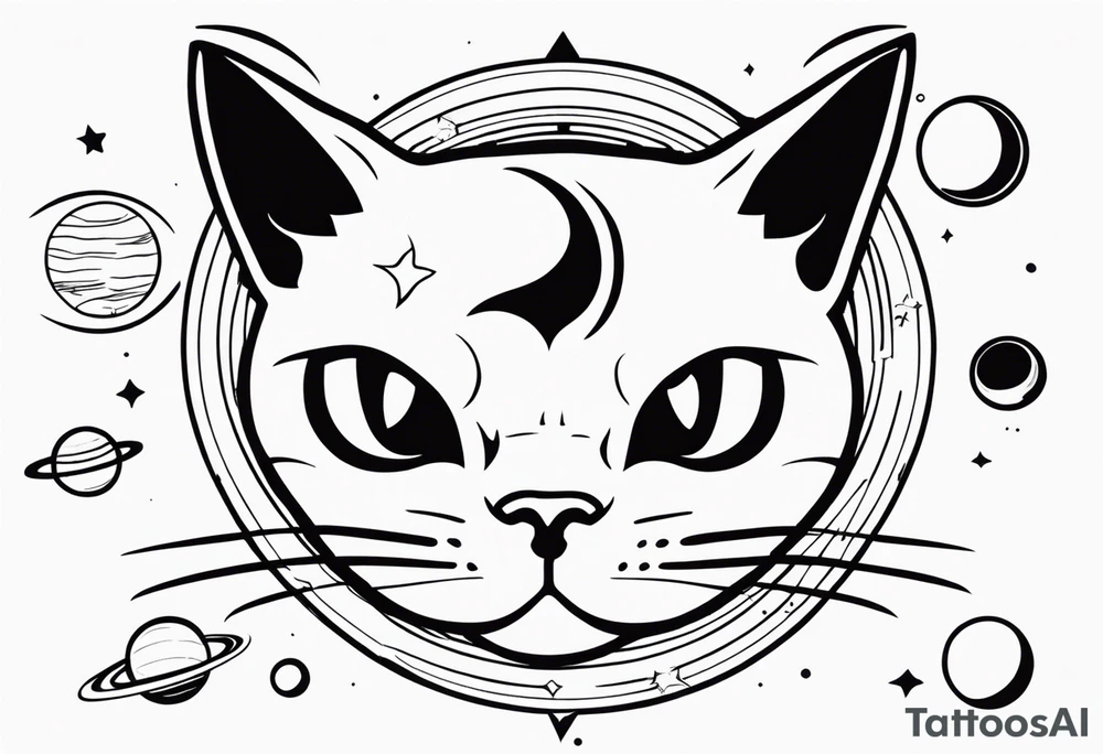 cat with an angry face surrounded by  planets tattoo idea