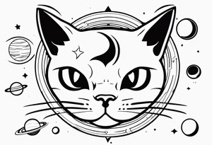 cat with an angry face surrounded by  planets tattoo idea