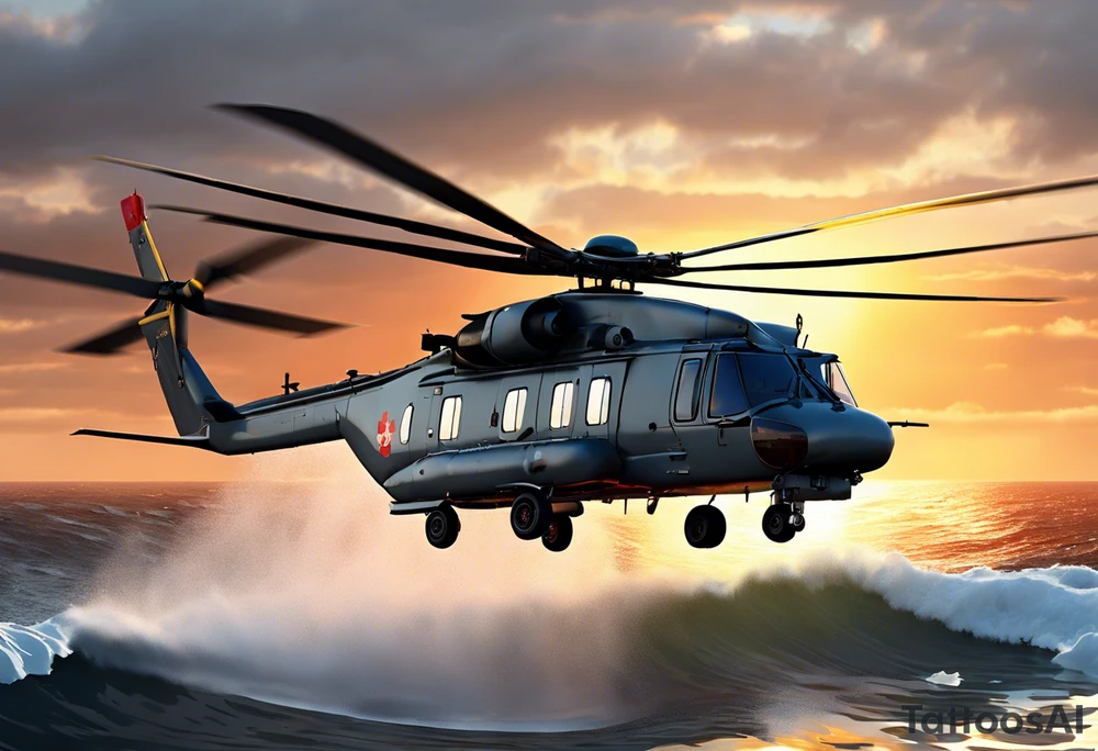 A detailed 4K drawing of a Canadian military grey CH-148 Cyclone helicopter soaring low over rough, ocean waves. The sun is setting, casting a dramatic glow on the scene with realistic clouds and a specular reflection of the helicopter on the water. The helicopter should be the main focus, with intricate details and a sense of motion. In the background, a poppy should be prominently displayed. tattoo idea