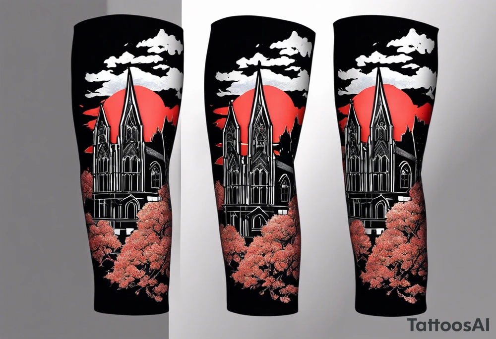 Full arm sleeve with multiple elements blended together. I want the Duke university chapel , cherry tree elements , red clouds from akatski , naruto or sauske , Atl skyline and captain C add in a ease fan photo of naruto tattoo idea