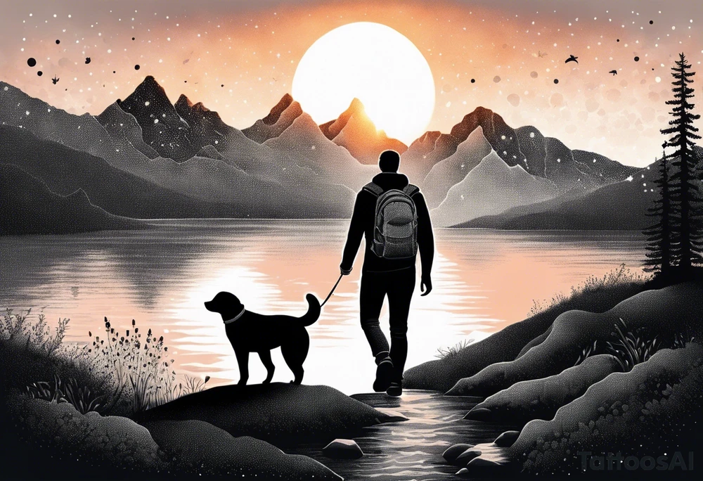 nature, sunset, mountains, a father and son hiking with their dog and cat 
by the water tattoo idea