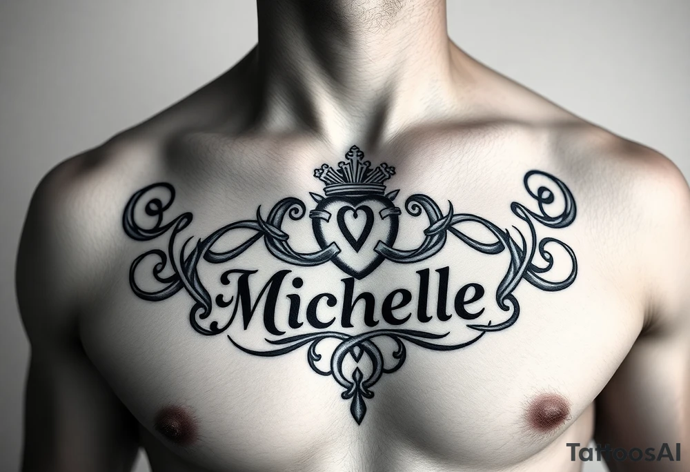 Create a tattoo on a man’s chest if a woman’s name. Claddagh and the name Michelle. Irish themed with Celtic knot throughout tattoo idea