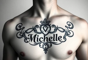 Create a tattoo on a man’s chest if a woman’s name. Claddagh and the name Michelle. Irish themed with Celtic knot throughout tattoo idea