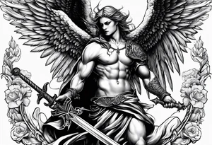 Angel with long sword atop a demon slain in fine line style tattoo idea