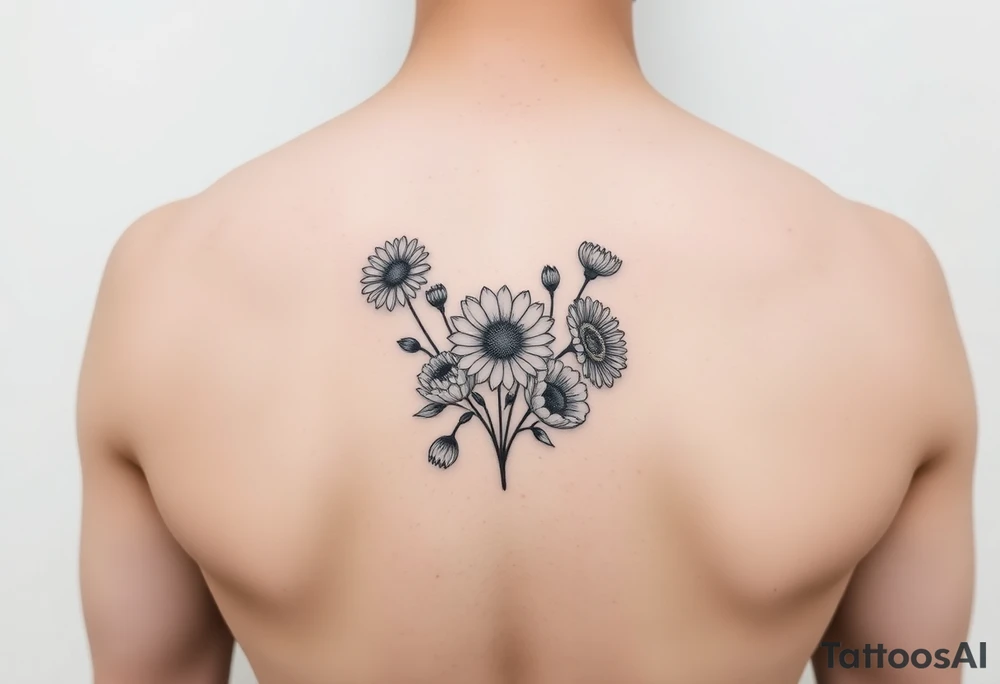 Small flower bouquet with order of flowers, daisy, cosmo, poppy, chrysanthemum, cosmo tattoo idea