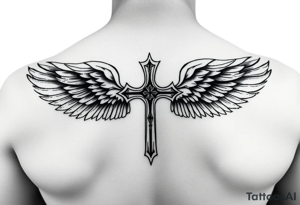 upper arm templar cross angel wings mystical tribal background tattoo idea