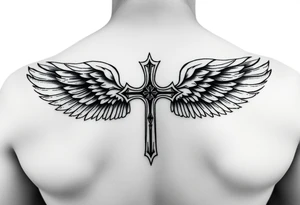 upper arm templar cross angel wings mystical tribal background tattoo idea