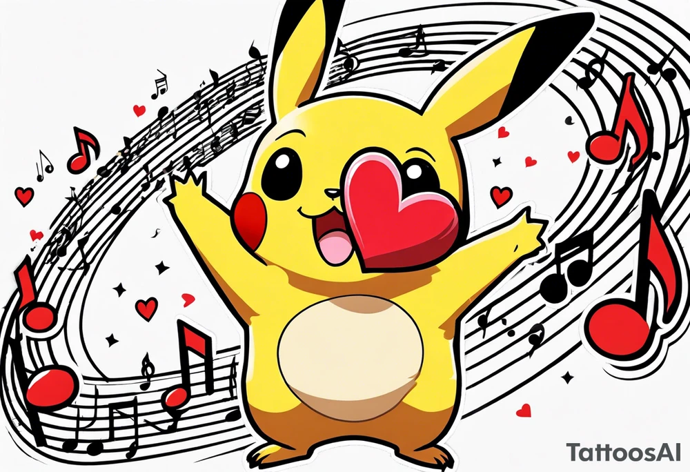 Pickachu squeezing a heart with heartbeart and music notes tattoo idea