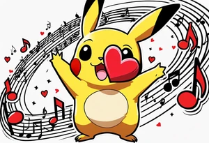 Pickachu squeezing a heart with heartbeart and music notes tattoo idea