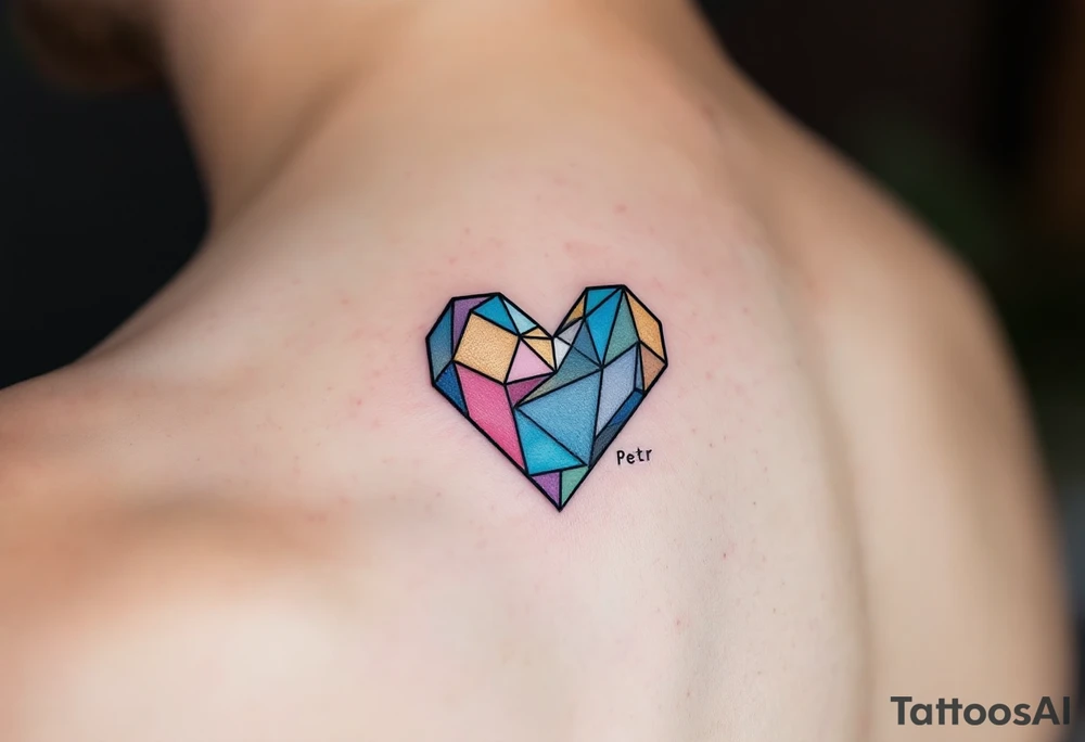 A mini heart made up of colorful geometric shapes, with each section of the heart filled with different watercolor shades of blue, pink, and gold, and the name "Petr" written in a modern, sans-serif font. tattoo idea
