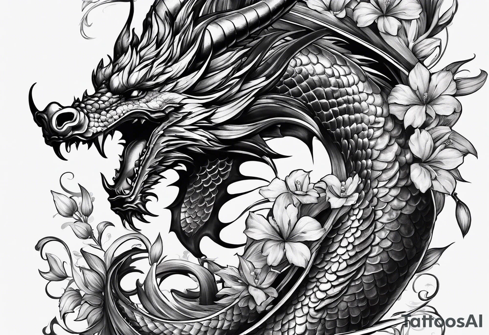 Ganzer Drache mit Kirschblüten fliegt nach unten tattoo idea Ganzer Drache mit Kirschblüten fliegt nach unten tattoo idea