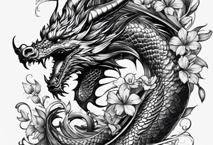 Ganzer Drache mit Kirschblüten fliegt nach unten tattoo idea