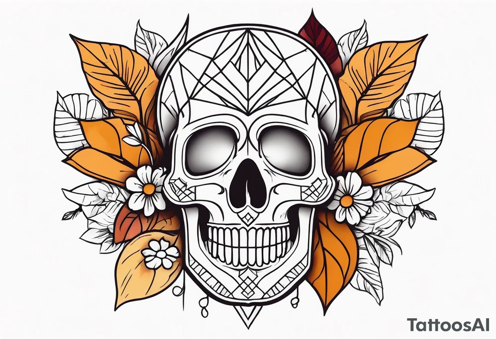 Knee tattoo with fall colors, flowers, skulls and geometric shapes. tattoo idea