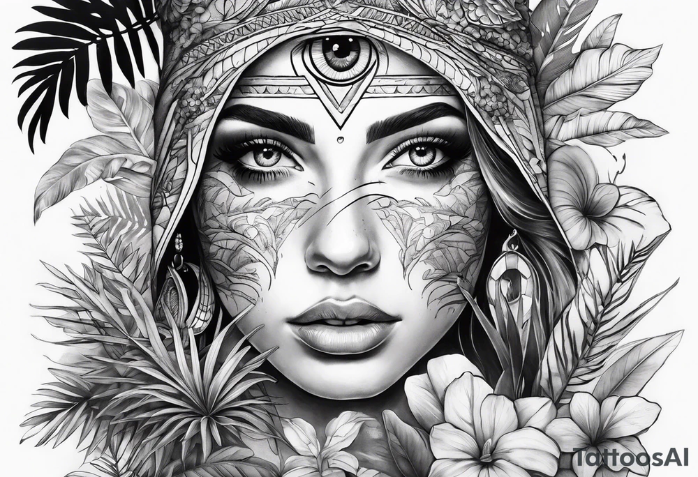 full arm sleeve tattoo with all-seeing eye and jungle plants tattoo idea