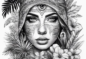 full arm sleeve tattoo with all-seeing eye and jungle plants tattoo idea