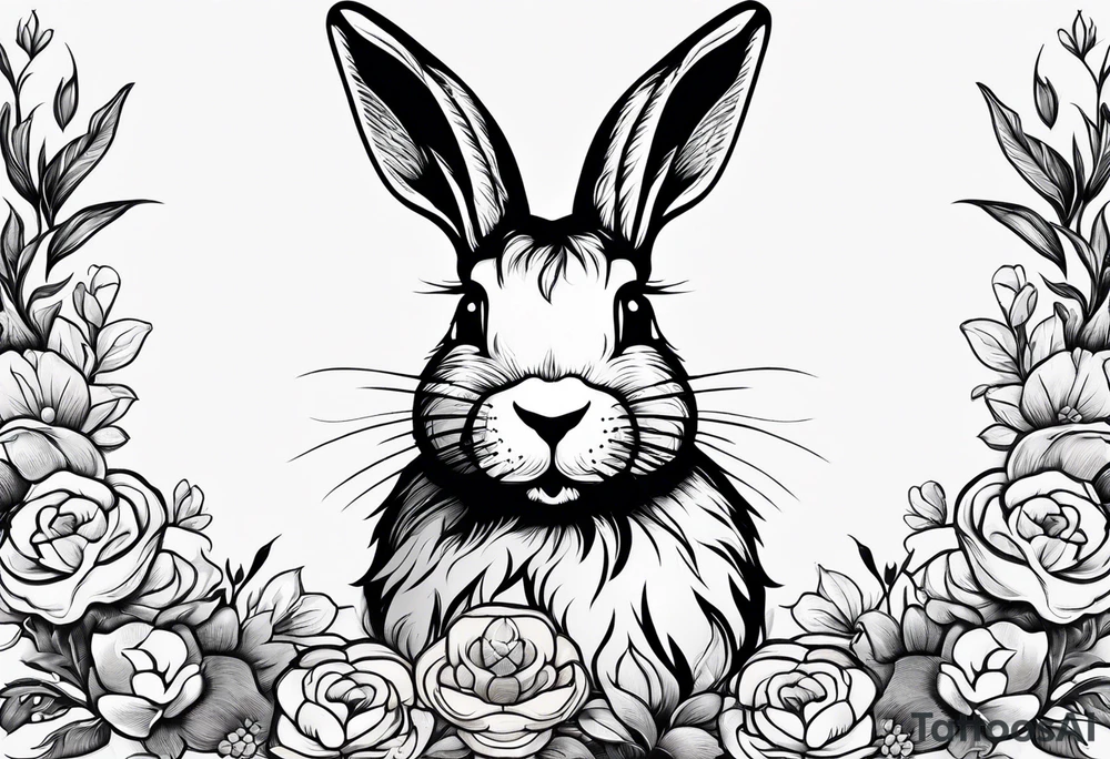 Rabbit head and flowers tattoo idea