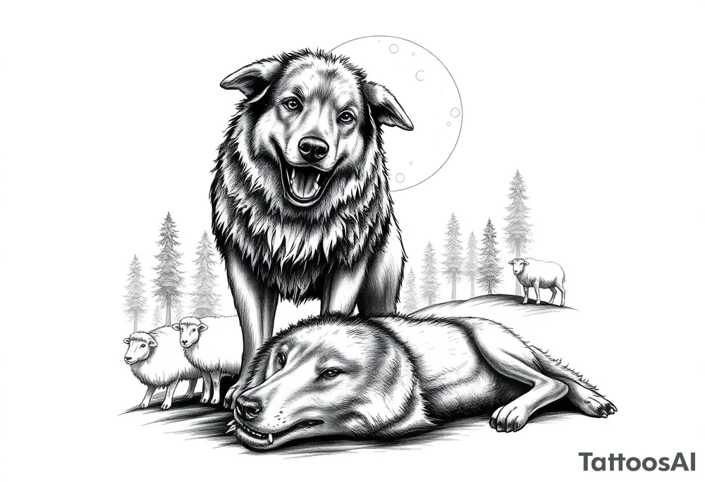 sheepdog with a bloddy mouth standing over a dying wolf with woods, sheep, and moonlight in the background tattoo idea