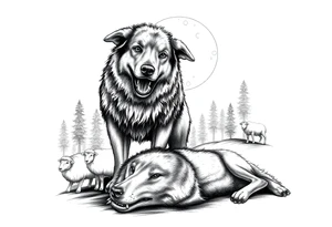 sheepdog with a bloddy mouth standing over a dying wolf with woods, sheep, and moonlight in the background tattoo idea