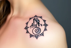 Magestic symbol of mom and dad with 3 kids surrounded by geometric patterns, Gemini sign, and ying yang tattoo idea